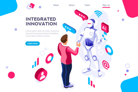Colored hi integrated scientific innovative machine. Innovation, clever brain, artificial intelligence. Banner between white background, between empty space. 3d images isometric vector illustrations.