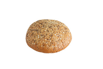 Round loaf of bread with seeds. White isolate. Close-up.