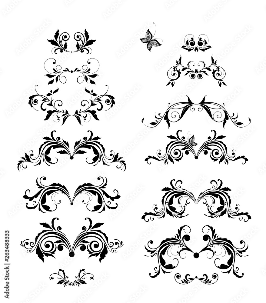 Sticker vintage floral headers vector set. black and white retro design