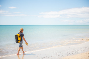 lonenly traveler walks costa calma beach in fuerteventura 
