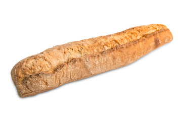 Hand made fresh baked baguette isolated on white background with clipping path
