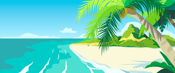 Fototapeta na wymiar Vector illustration of a beach and a sea coast landscape. Creative banner, flyer, blog post or landing page for tour operator or travel agency. Summer theme background or wallpaper.