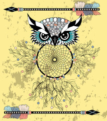 dream catcher with owl. boho style. totem animal