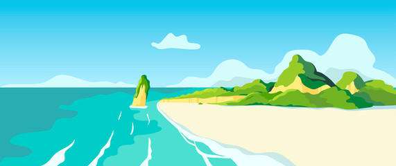 Obraz na płótnie Canvas Vector illustration of a beach and a sea coast landscape. Creative banner, flyer, blog post or landing page for tour operator or travel agency. Summer theme background or wallpaper.
