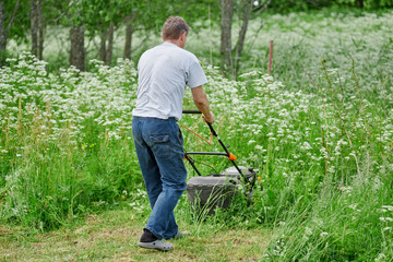 European man is mowing the lawn on his countryside plot. © Artem