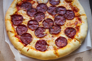 Hot italian pizza with mozzarella and pepperoni sausage close-up