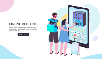 Online booking application for travellers. Creative banner, landing page or flyer. Flat isometric vector illustration of a travelling couple booking a room in a hostel through mobile application.