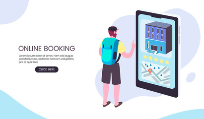 Online booking application for travellers. Creative banner, landing page or flyer. Flat isometric vector illustration of a travelling woman booking a room in a hostel through mobile application.