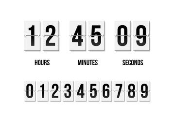 Flip clock showing how much time: hours, minutes and seconds. Flip board with black numbers in retro style. Vector design element.