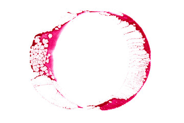 Red wine stain. Trace wine splash. Round trace of red wine on a white background.