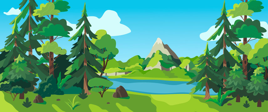 Vector illustration of a sunny forest, mountains and a river. Cartoon style wallpaper, flyer, banner or landing page. Camping place in the wood near the water.