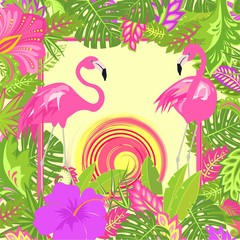 Obraz premium Summery floral background with tropical leaves, pair of lovely pink flamingo, hot sun and exotic flowers for Tshirt, summer party poster, bag design