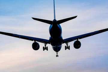 Airplane landing to airport in sunset