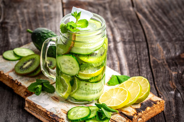 Detox Water Infused with Sliced Lemon, Cucumber and Sprigs of Mint. diet healthy eating and weight loss. Copy Space