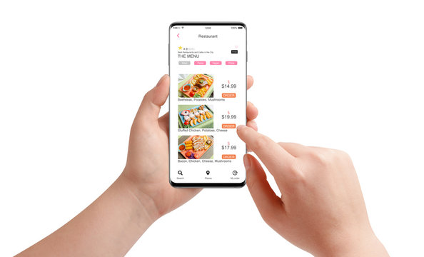 Female hands ordering food with food delivery app on black smartphone, isolated on white background