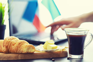 Fresh pastries on the table. French flavored croissant.