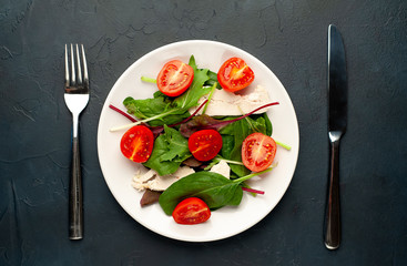 Mix fresh leaves of arugula, lettuce, spinach, tomato and chicken fillet for salad, on a white plate against a stone