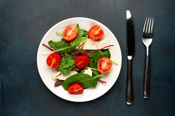 Mix fresh leaves of arugula, lettuce, spinach, tomato and chicken fillet for salad, on a white plate against a stone