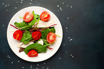 Mix fresh leaves of arugula, lettuce, spinach, tomato and chicken fillet for salad, on a white plate on a stone background with copy space for your text