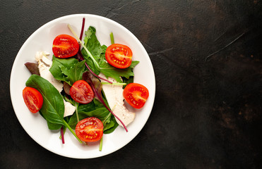 Mix fresh leaves of arugula, lettuce, spinach, tomato and chicken fillet for salad, on a white plate against a stone