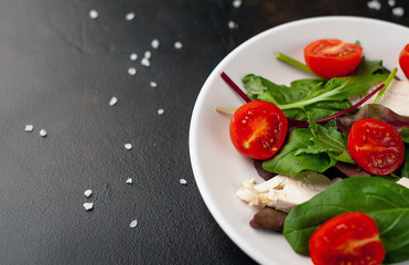 Mix fresh leaves of arugula, lettuce, spinach, tomato and chicken fillet for salad, on a white plate on a stone background with copy space for your text