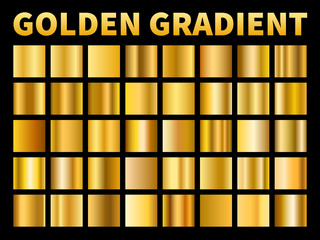 Golden gradients. Gold squares metal gloss gradient swatches, empty metallic yellow plate frame, label texture. Vector set