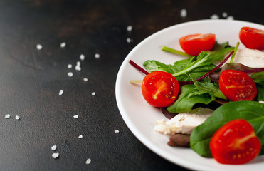 Mix fresh leaves of arugula, lettuce, spinach, tomato and chicken fillet for salad, on a white plate on a stone background with copy space for your text