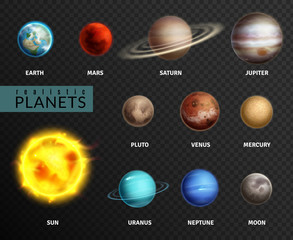 Realistic planets. Solar system planet space universe galaxy sun moon saturn mercury jupiter venus comet uranus pluto, vector isolated © YummyBuum