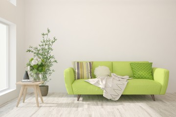 Stylish room in white color with sofa. Scandinavian interior design. 3D illustration
