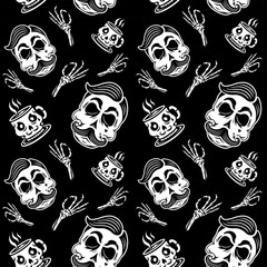 Skull coffee hand seamless pattern. Black background.
