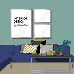 interior living room green wall hanging picture frame vector background.