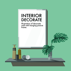 Green wall decorate with shelf and frame vector.