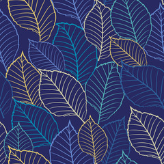 Fototapeta na wymiar Seamless vector floral pattern with abstract outline tree leaves in blue, white, yellow colors. Colorful endless background in retro style