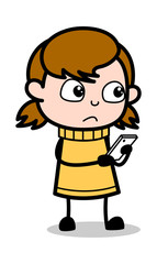 Playing Game in Mobile Phone - Retro Cartoon Girl Teen Vector Illustration