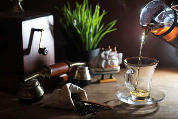 Brewing tea on a wooden table