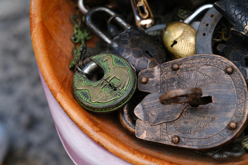 Various size vintage steel locks on market.