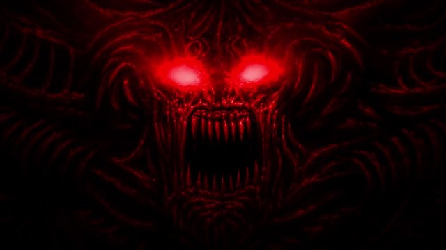 Screaming devil with horns and sparkling eyes. 2D animation in horror fantasy genre. Red and black background color. Creepy Halloween backdrop. Scary animated short film. Gloomy ghost in haze video.