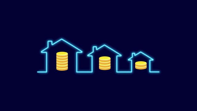 Video animation of a glowing light drawing a neon outline of houses with coins decreasing in size. Housing, real estate a drop, fall or decrease (with alpha channel/transparent background).