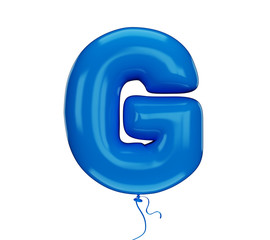 Blue color material textured letter G. Made of an inflatable balloon on a white background. Isolated, 3d rendering