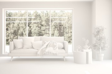 Mock up of stylish room in white color with sofa and green landscape in window. Scandinavian interior design. 3D illustration