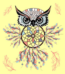 hand drawn Detailed ornate Owl with dream catcher in zentangle style. banner, invitation, card, t-shirt, bag, postcard, poster.