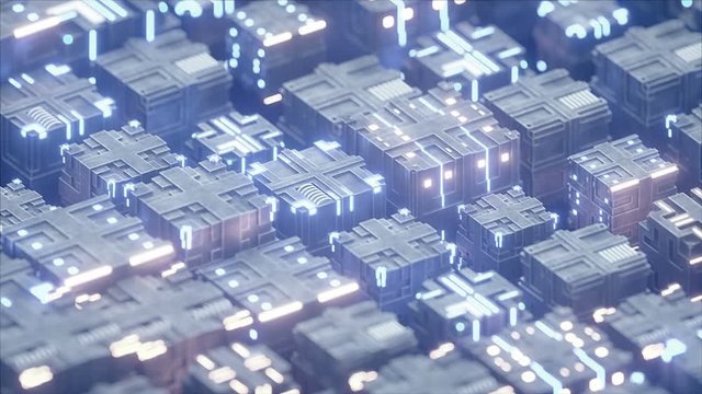 Metallic cubes with illuminating elements. Futuristic industrial concept. Seamless loop 3D render animation with DOF