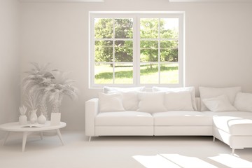 Mock up of stylish room in white color with sofa and green landscape in window. Scandinavian interior design. 3D illustration