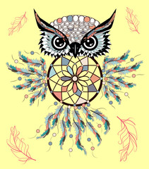 hand drawn Detailed ornate Owl with dream catcher in zentangle style. banner, invitation, card, t-shirt, bag, postcard, poster.