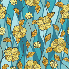 Seamless vector floral pattern with abstract tropical flowers in pastel blue and yellow colors on mosaic background. Colorful endless print in boho style