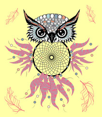 hand drawn Detailed ornate Owl with dream catcher in zentangle style. banner, invitation, card, t-shirt, bag, postcard, poster.
