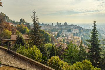View of Upper Town Citta Alta from Saint Vigilio hill. Bergamo. Italy