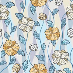 Seamless vector floral pattern with abstract tropical flowers in pastel blue, white, orange colors on mosaic background. Colorful endless print in boho style
