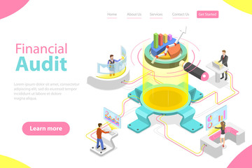 Flat isometric vector landing page template of financial audit service, tax examination report, planning and accounting.