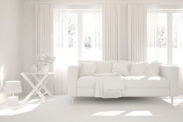 Mock up of stylish room in white color with sofa. Scandinavian interior design. 3D illustration